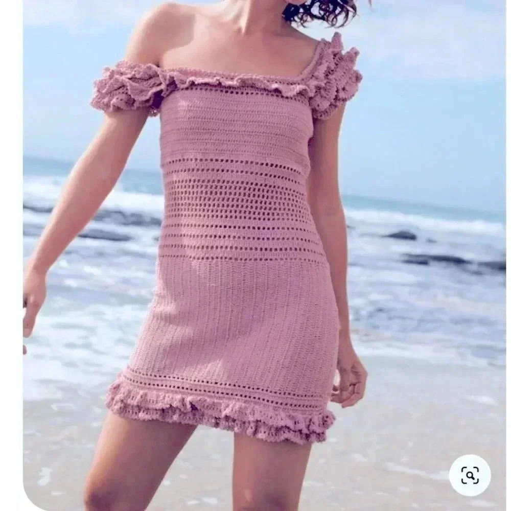 NWT She Made Me Saachi Off-the-shoulder Crochet Pastel Pink Ruffle Dress Size L